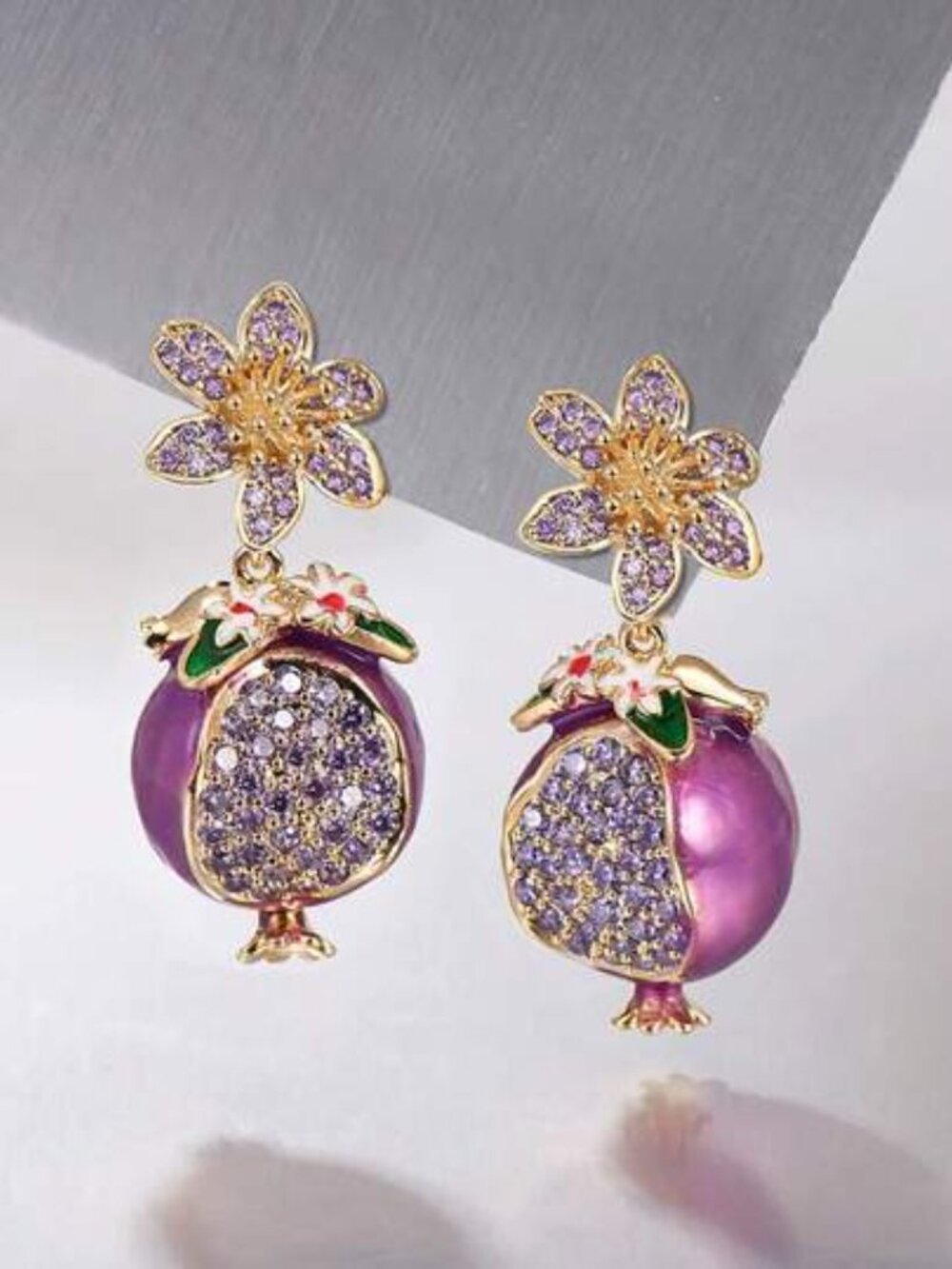 NEW 18K Gold Dipped Pomegranate Fruit Crystal Stone Drop Earrings